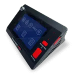 Angled view of a black Avio Technologies Pro touchscreen intercom base station with a control display and red buttons.