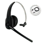 Black Avio Technologies wireless over-ear headset with a boom microphone next to a USB charging cable icon.