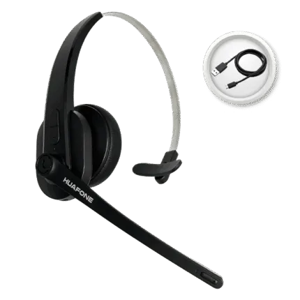 Black Avio Technologies wireless over-ear headset with a boom microphone next to a USB charging cable icon.