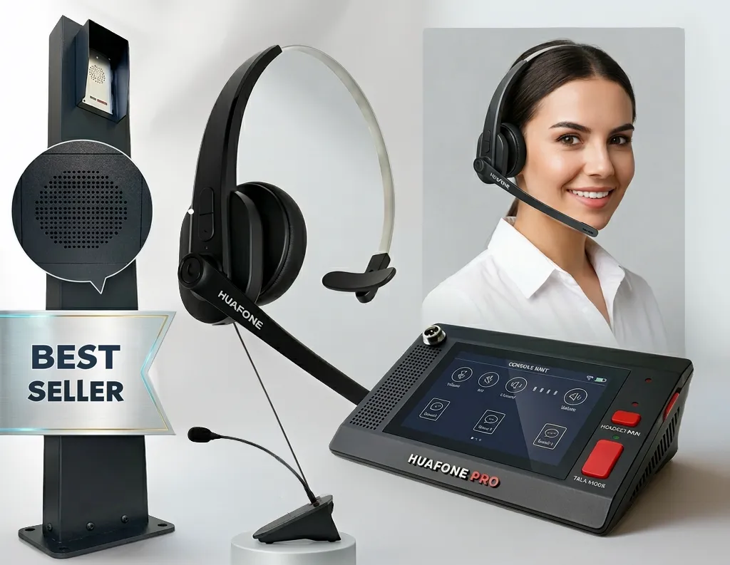 Avio Standard Kit showing a speaker post with close-up speaker grille, a wireless headset, a smiling headset-wearing woman, a "BEST SELLER" badge, and a Avio Technologies Pro touchscreen console.