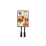 Single outdoor digital menu board post displaying a restaurant menu with burger, pizza, and dessert sections and pricing.
