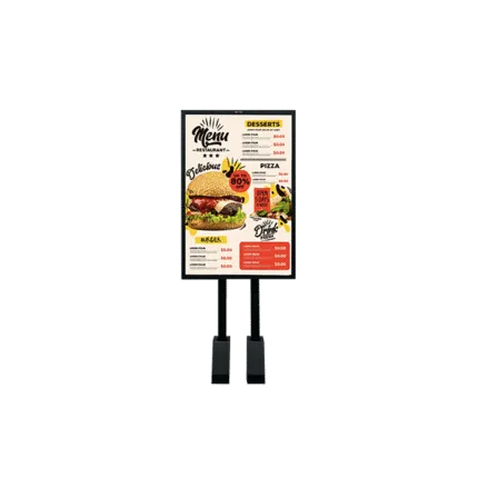 Single outdoor digital menu board post displaying a restaurant menu with burger, pizza, and dessert sections and pricing.