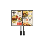 Two outdoor digital menu board posts side by side, showing a restaurant menu with burger, pizza, and dessert sections and pricing.