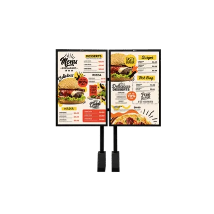 Two outdoor digital menu board posts side by side, showing a restaurant menu with burger, pizza, and dessert sections and pricing.