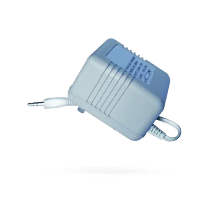 White power adapter with a 3.5mm plug and coiled cord.