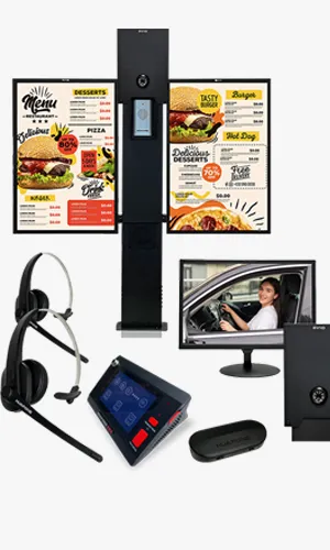 Drive-thru digital menu board tower with dual displays, headsets, order confirmation screen, and Avio Technologies base station bundle