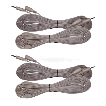 Two coiled beige 3.5mm audio cables with connectors on both ends.