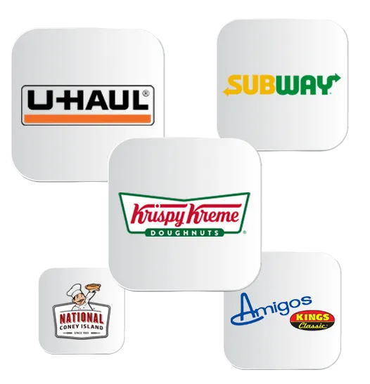 Logos of customer brands: U-Haul, Subway, Krispy Kreme, National Coney Island, and Amigos/Kings Classic.