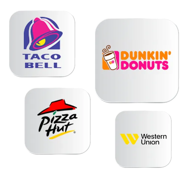 Logos of customer brands: Taco Bell, Dunkin' Donuts, Pizza Hut, and Western Union.
