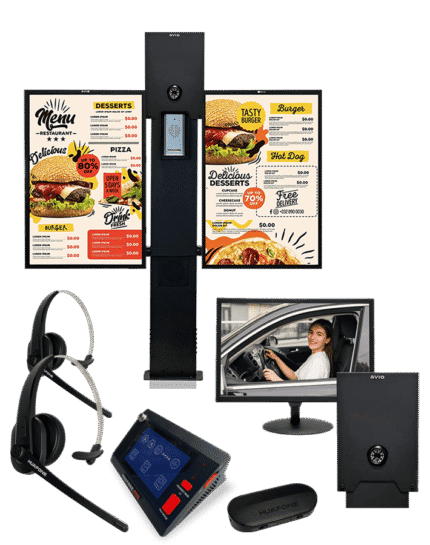 Avio drive-thru digital menu boards, order confirmation monitor with customer in vehicle, headsets, and base station