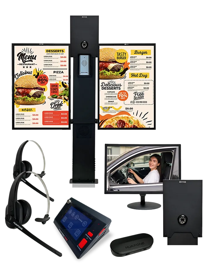 Avio drive-thru digital menu boards, order confirmation monitor with customer in vehicle, headsets, and base station