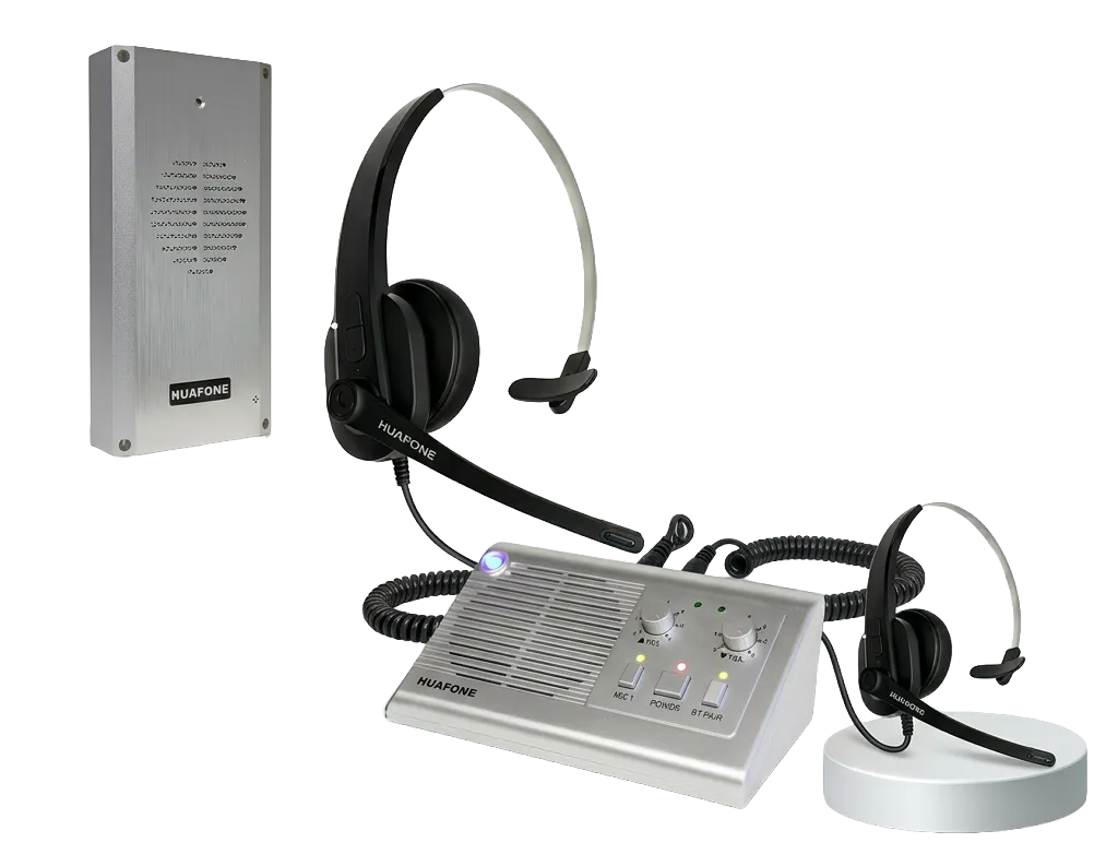 Avio Technologies drive-thru intercom system with call box, dual wireless headsets, and base station