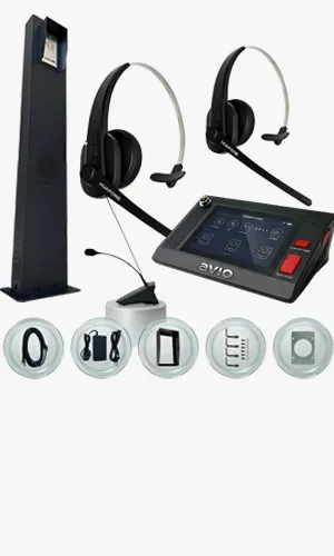 Avio drive-thru kit lineup showing a speaker post, two wireless headsets, a touchscreen console, and accessory icons for cabling, adapter, and mounting hardware.
