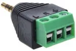 Black male 3.5mm audio plug with a green 3-pin screw terminal block.