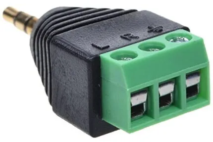 Black male 3.5mm audio plug with a green 3-pin screw terminal block.