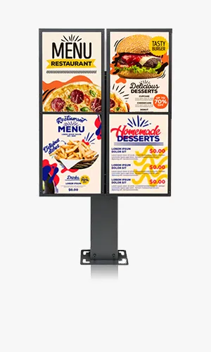 Freestanding digital menu board kiosk with four display screens showing restaurant menu items