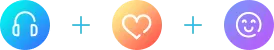 Row of small circular icons: headset, heart, and smiley face, separated by plus signs.