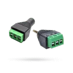 Wiring retrofit adapter pair with 3.5mm plugs and green screw terminal blocks for connecting to existing wiring.