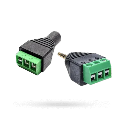 Wiring retrofit adapter pair with 3.5mm plugs and green screw terminal blocks for connecting to existing wiring.