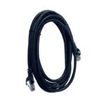 Coiled black RJ45 ethernet patch cable with connectors on both ends.