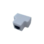 White RJ45 female coupler connector for joining two ethernet cables.