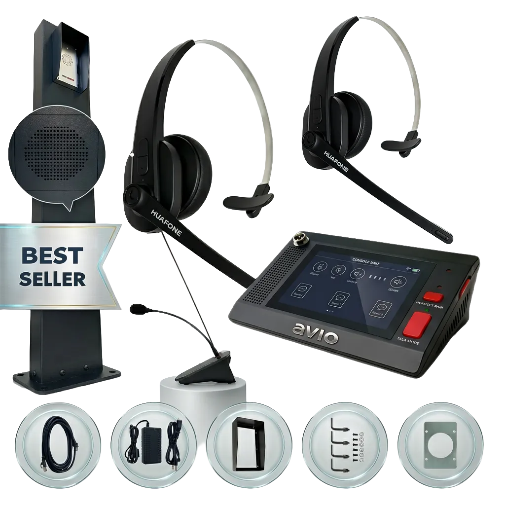 Avio Standard Kit slide showing a speaker post with close-up speaker grille, two wireless headsets, a touchscreen console, a "BEST SELLER" badge, and accessory icons.