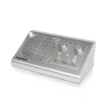 Silver Avio Technologies master station intercom with volume dials, a glowing power indicator, and Bluetooth pairing button.