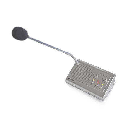 Silver Avio Technologies master station intercom with a gooseneck microphone and volume/power controls, angled view.