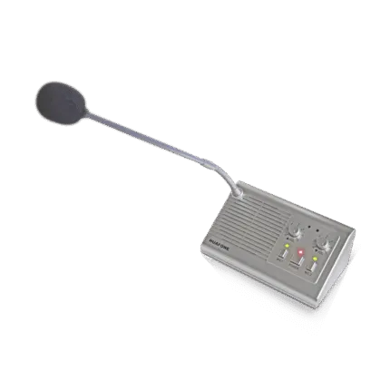 Silver Avio Technologies master station intercom with a gooseneck microphone and volume/power controls, angled view.
