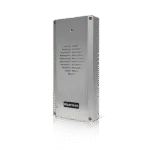 Brushed metal Avio Technologies all-weather vandal-proof outdoor loudspeaker unit with perforated speaker grille.