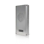 Brushed metal Avio Technologies outdoor speaker unit without a vehicle sensor, angled view.