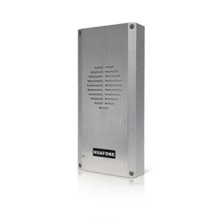 Brushed metal Avio Technologies outdoor speaker unit without a vehicle sensor, angled view.