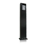Angled view of a tall black Avio Technologies outdoor speaker post with an intercom panel near the top.