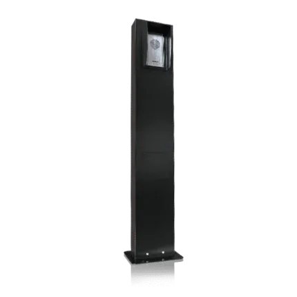 Angled view of a tall black Avio Technologies outdoor speaker post with an intercom panel near the top.