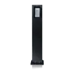 Front view of a tall black Avio Technologies outdoor speaker post with an intercom panel near the top.