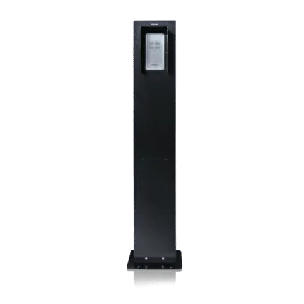 Front view of a tall black Avio Technologies outdoor speaker post with an intercom panel near the top.