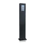 Tall black Avio Technologies outdoor speaker post with an intercom panel near the top and a bolted base plate.