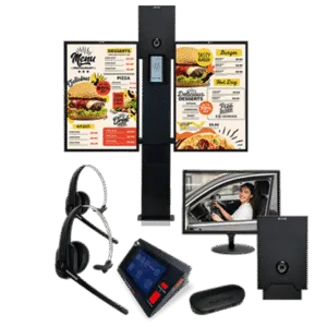 Avio drive-thru layout showing a menu board post, a wireless headset, a touchscreen console, a driver-facing monitor, and a camera/intercom unit.