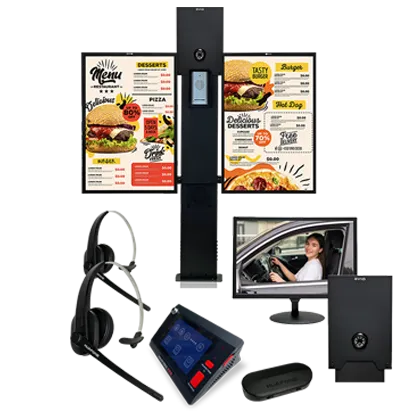 Avio drive-thru layout showing a menu board post, a wireless headset, a touchscreen console, a driver-facing monitor, and a camera/intercom unit.