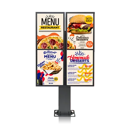 Four-screen outdoor digital menu board post showing different restaurant menu designs on each panel.