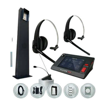 Avio Standard Kit components: a speaker post, two wireless headsets, a touchscreen console with gooseneck mic, and accessory icons.