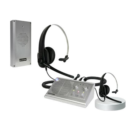 Avio Starter Kit components: a brushed metal speaker post, two wireless headsets, and a silver master station console.