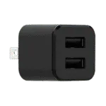 Black dual-port USB wall charger adapter.