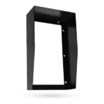 Black metal weatherproof hood/enclosure for an outdoor intercom or camera unit, front angled view.