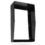 Black metal weatherproof hood/enclosure for an outdoor intercom or camera unit.