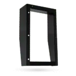 Black metal weatherproof hood/enclosure for an outdoor intercom or camera unit, rear angled view.