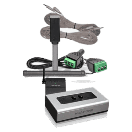 Wireless audio interface kit with a base HUAFONE controller, antenna, and green terminal blocks connected by cables