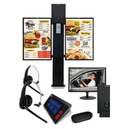 Restaurant digital menu sign with central column and side panels, plus POS accessories (headset, handheld terminal, monitor, speaker).