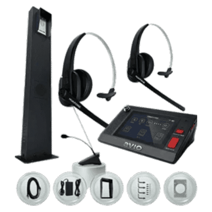 Audiology testing kit with two over-ear wireless headsets connected to a programmable control unit and a tall stand, plus six interchangeable sensor tips laid out below