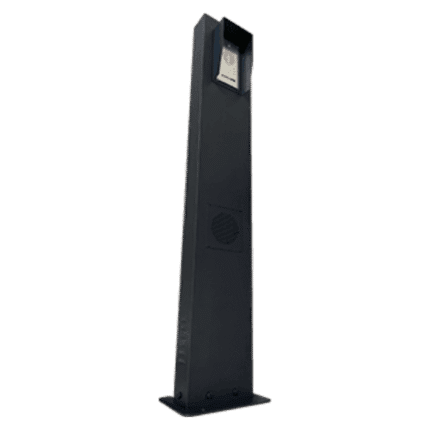 Tall black parking payment post with card reader at the top.
